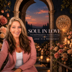 Woman smiling in a romantic garden setting with candles and flowers at sunset.